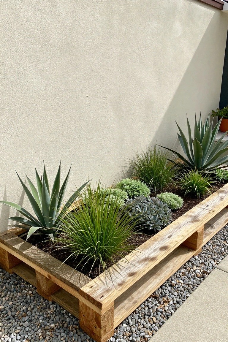 Wooden pallet planter with agaves, grasses, and succulents against a beige wall on gravel.