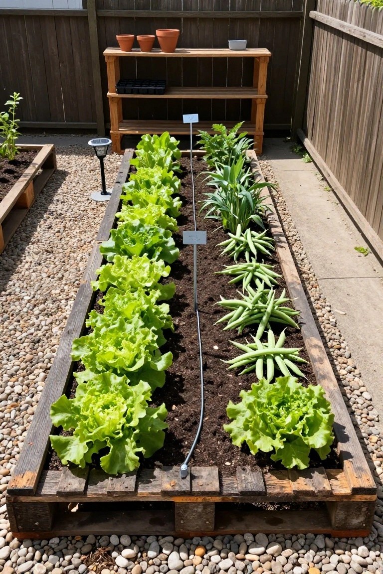 A long wooden pallet raised bed filled with rows of lettuce and bean plants sits on gravel in a fenced backyard.