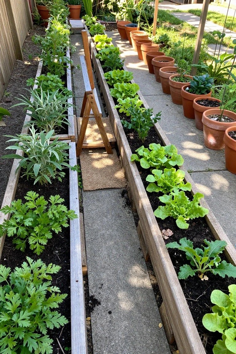 Long raised wooden garden beds filled with leafy greens line a concrete path, with terracotta pots placed along one side.