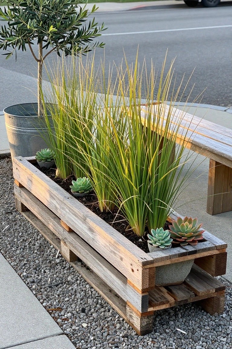 A salvaged wood pallet used as a raised planter holds soil, tall grasses, and several succulents on a gravel surface next to a street.