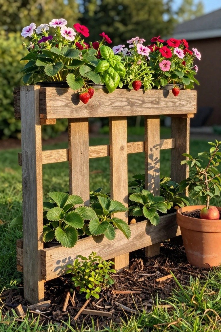A wooden pallet structure used as a multi-tiered garden planter filled with flowers and strawberry plants.