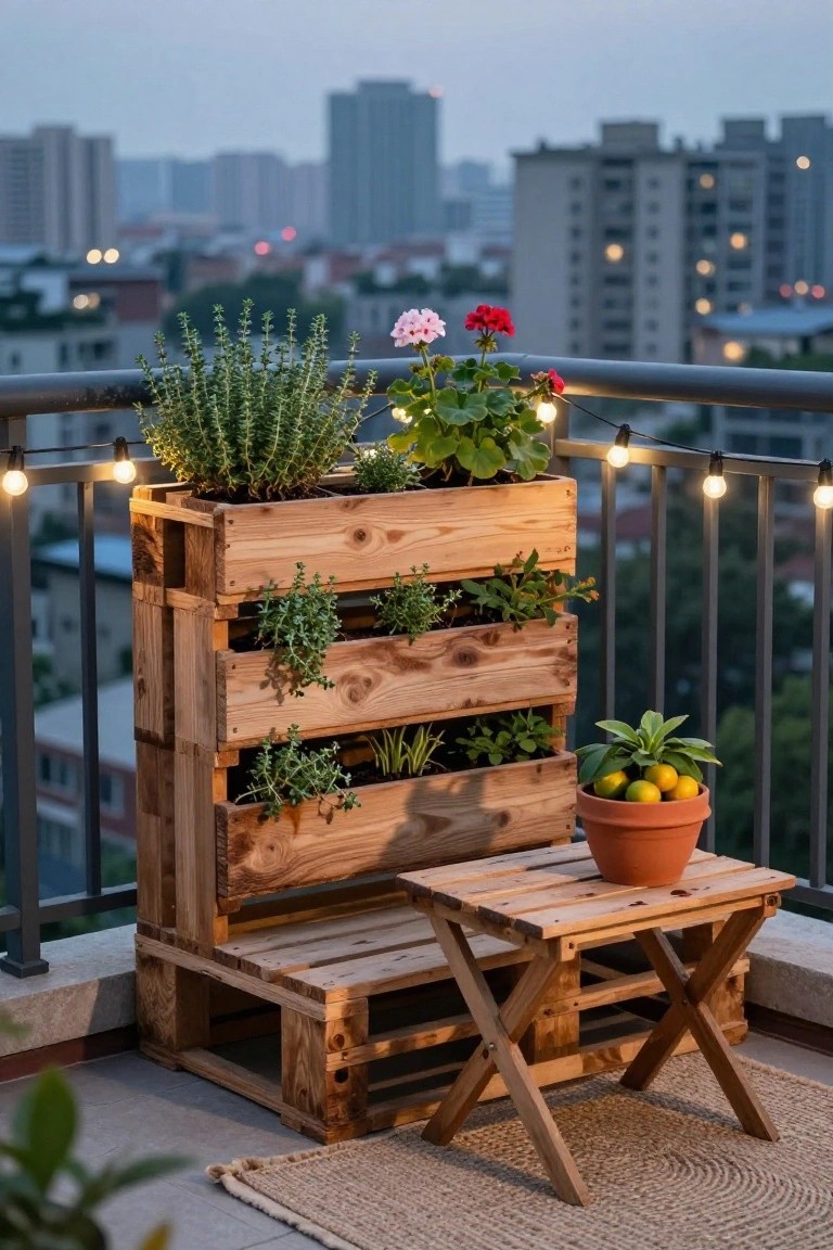 Wooden pallet planter with flowers beside stool holding lemon pot on city balcony at dusk