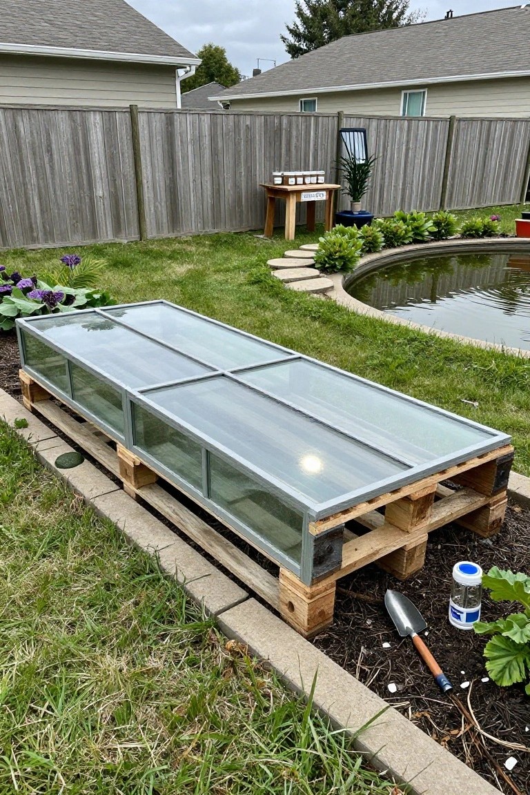 A long glass-covered cold frame rests on wooden pallets in a backyard garden beside a swimming pool.