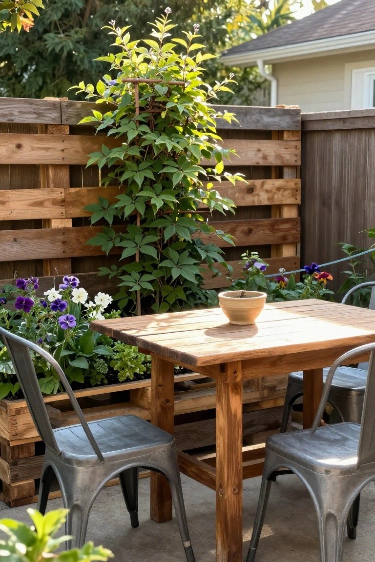 Rustic wooden table with metal chairs amid pallet planters and climbing vines.