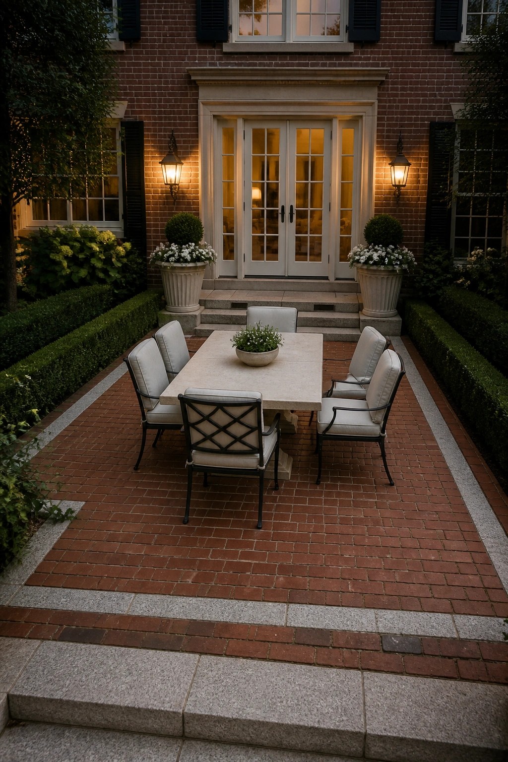 A brick paver patio with a gray stone border holds a rectangular dining table and six chairs in front of a brick house entrance.
