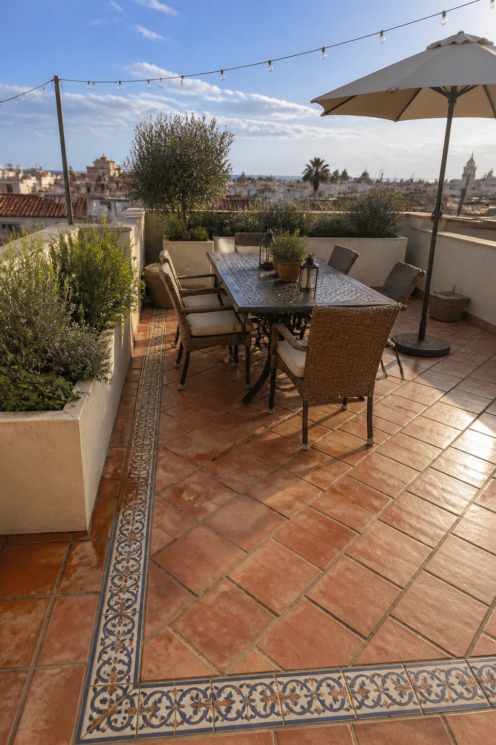 A rooftop terrace paved with terracotta tiles and edged by ornate blue and white decorative tile borders, with woven chairs and a large umbrella.