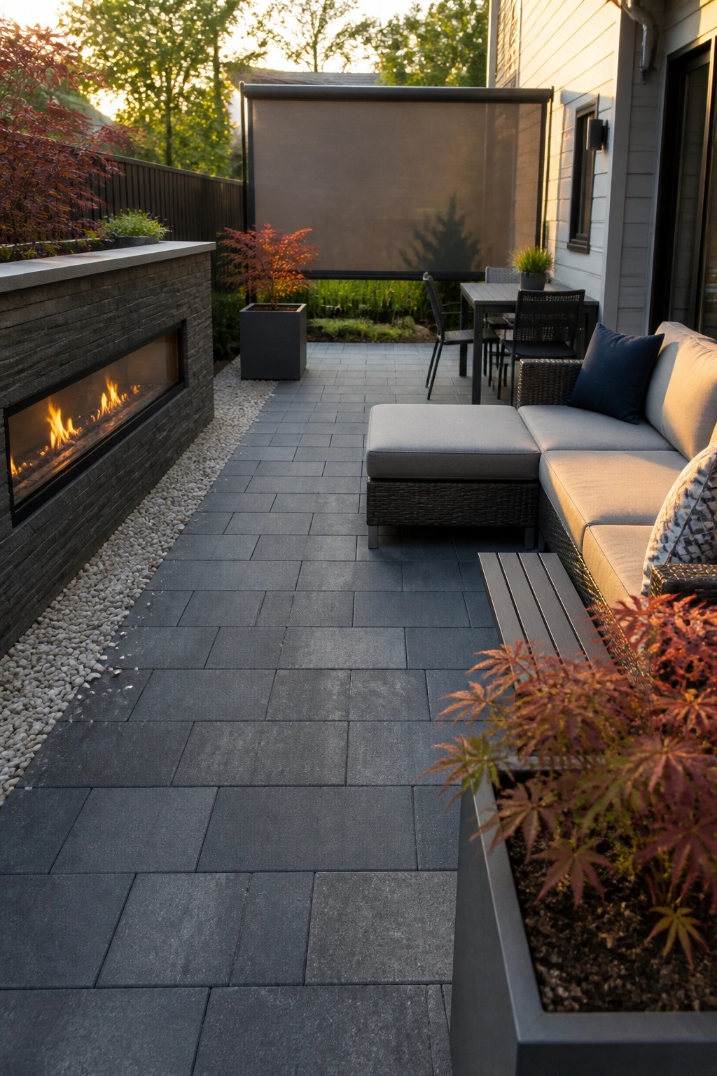 A patio covered in dark gray pavers bordered by light gravel on one side, with a linear fireplace built into a stone wall and outdoor seating nearby.