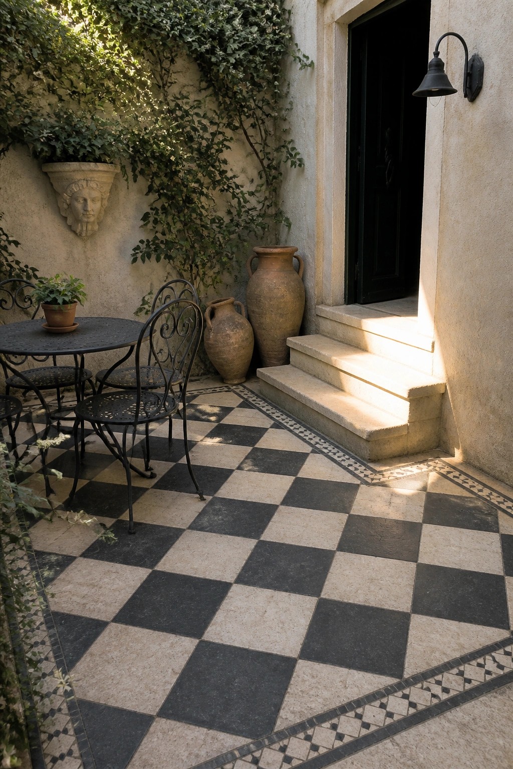Outdoor patio with black and beige checkered pavers featuring decorative borders, metal table and chairs, terracotta pots, and steps to a doorway.