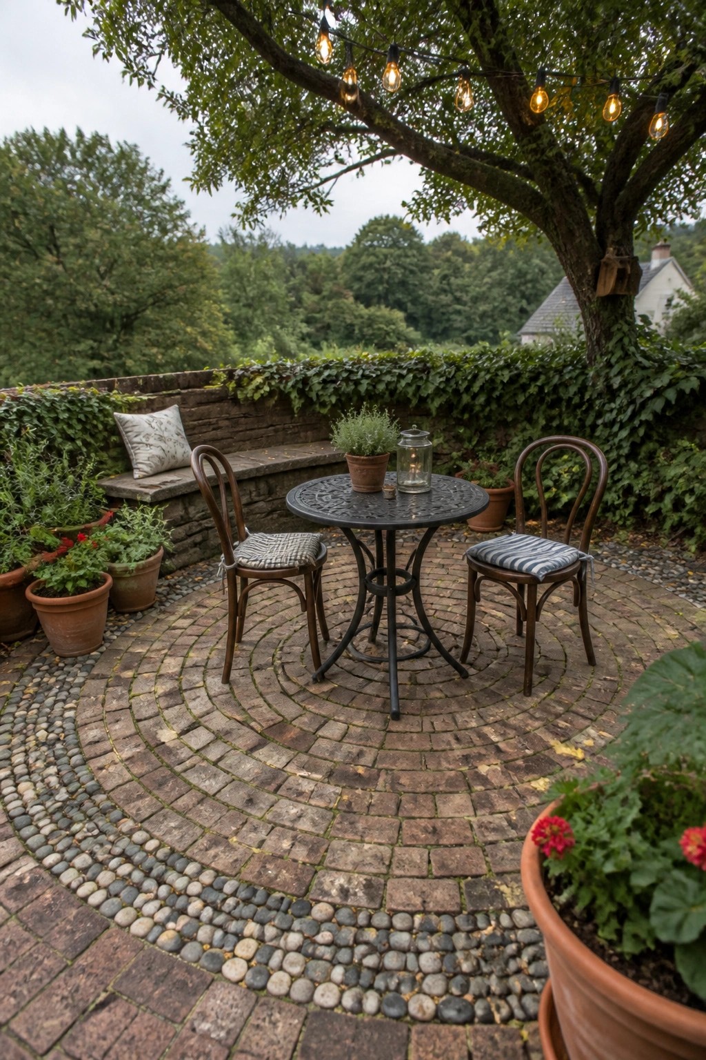 A circular brick paver patio with a pebble border, a round metal table, two wooden chairs, potted plants, and string lights overhead.