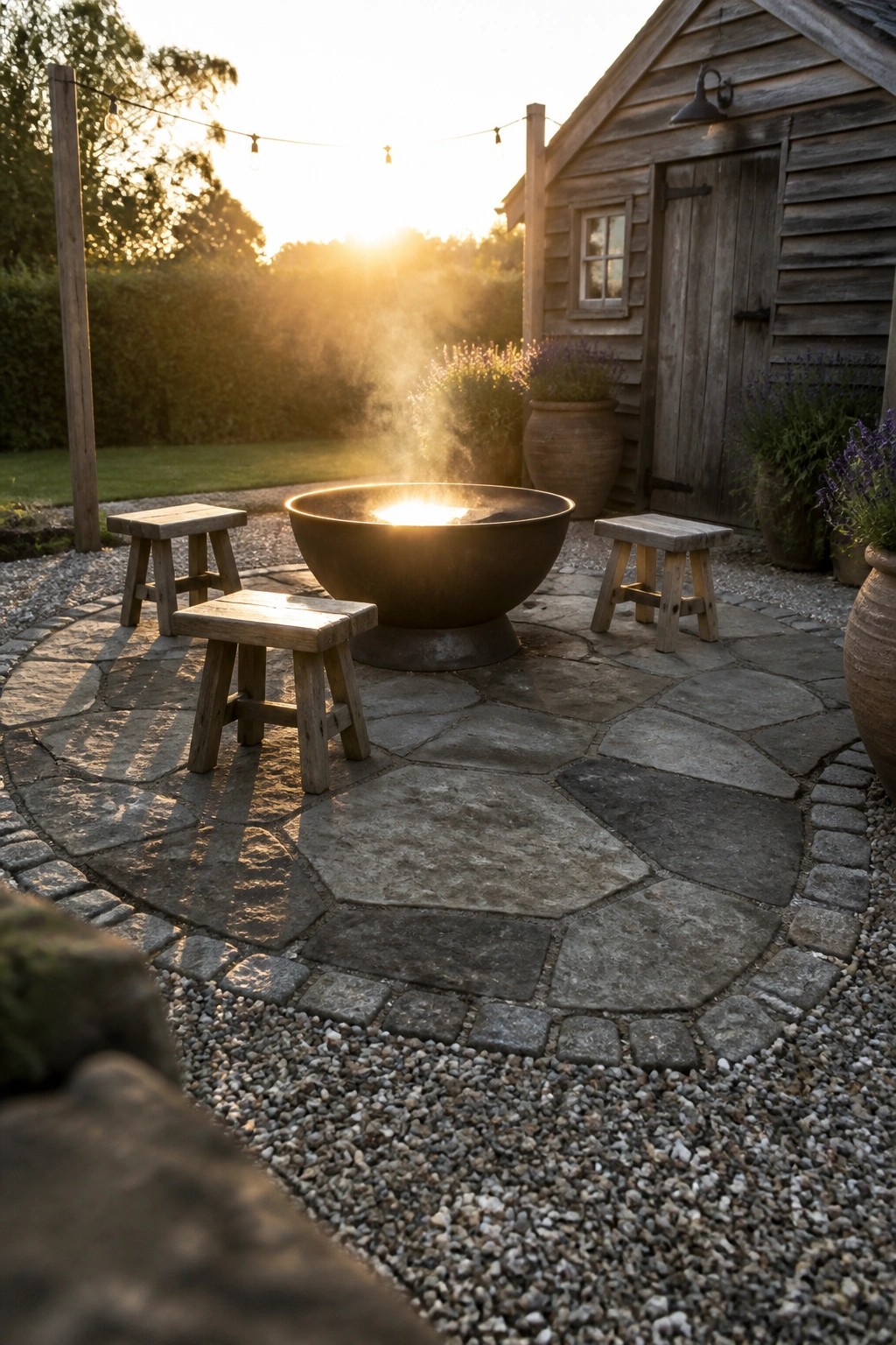 A circular patio of irregular stone pavers edged with gravel holds a large metal fire pit, three wooden stools, and lavender in pots beside a wooden shed.