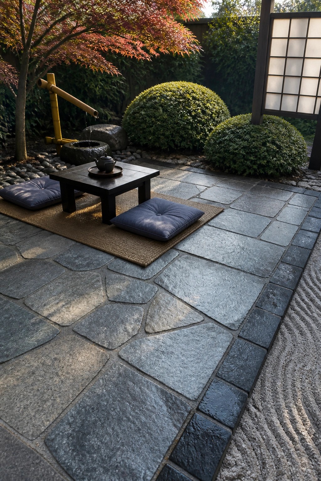 Stone paver patio with irregular gray slabs edged by darker rectangular pavers bordering a raked gravel section, with a low table and cushions.