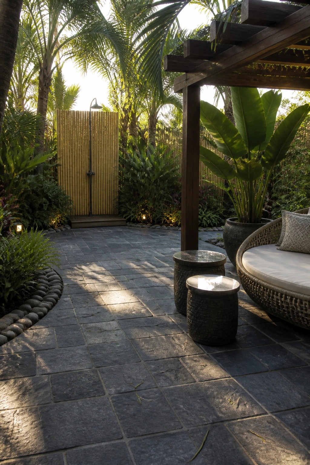 A dark stone paver patio bordered by a curved line of river rocks, with a bamboo outdoor shower on one side and a woven daybed under a wooden pergola on the other.