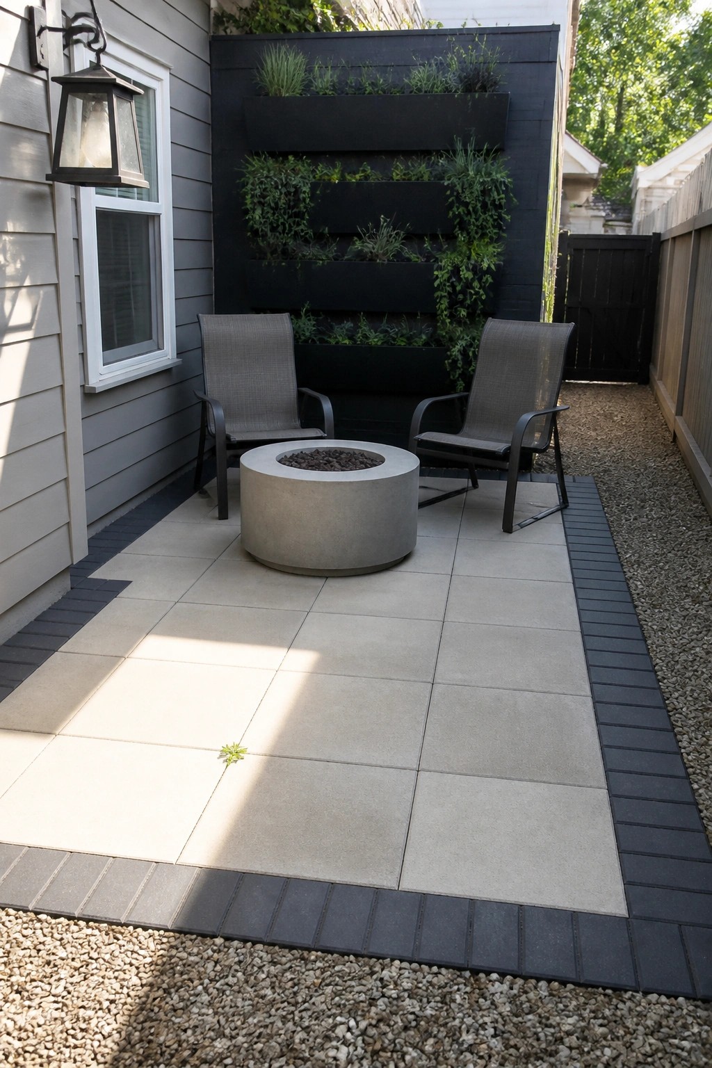 A rectangular patio made of light beige pavers with a dark gray paver border, a round concrete fire pit, two gray chairs, and a black vertical garden wall against the house.