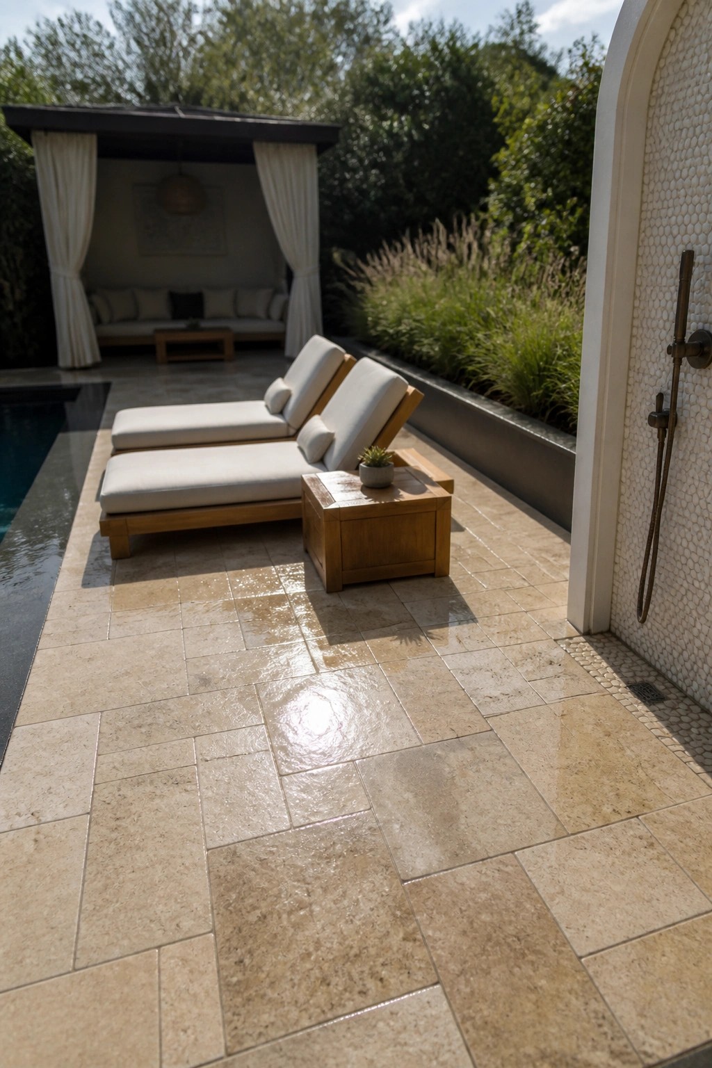 Outdoor patio with large beige pavers, two lounge chairs on a wooden frame, a side table, pool on the left, and an outdoor shower with small round tiles on the wall and floor border.