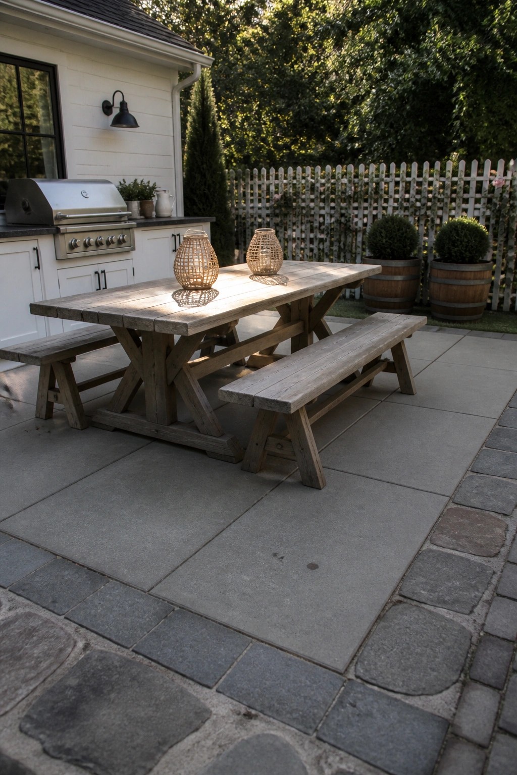A wooden picnic table with benches sits on a large gray paver patio bordered by cobblestones, next to an outdoor kitchen with a stainless grill.
