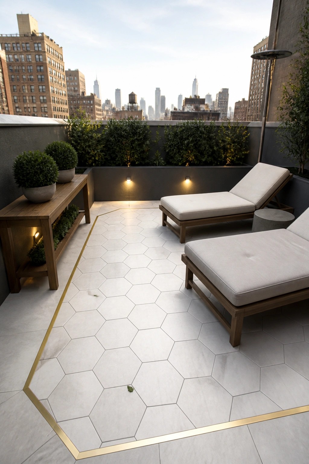 Rooftop patio with white hexagonal pavers framed by a thin gold border, two wooden lounge chairs with cushions, potted plants, and city buildings in the background.