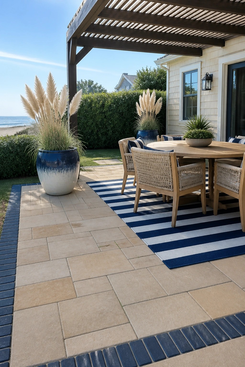 Patio with striped rug, wooden dining set, blue potted grasses overlooking ocean