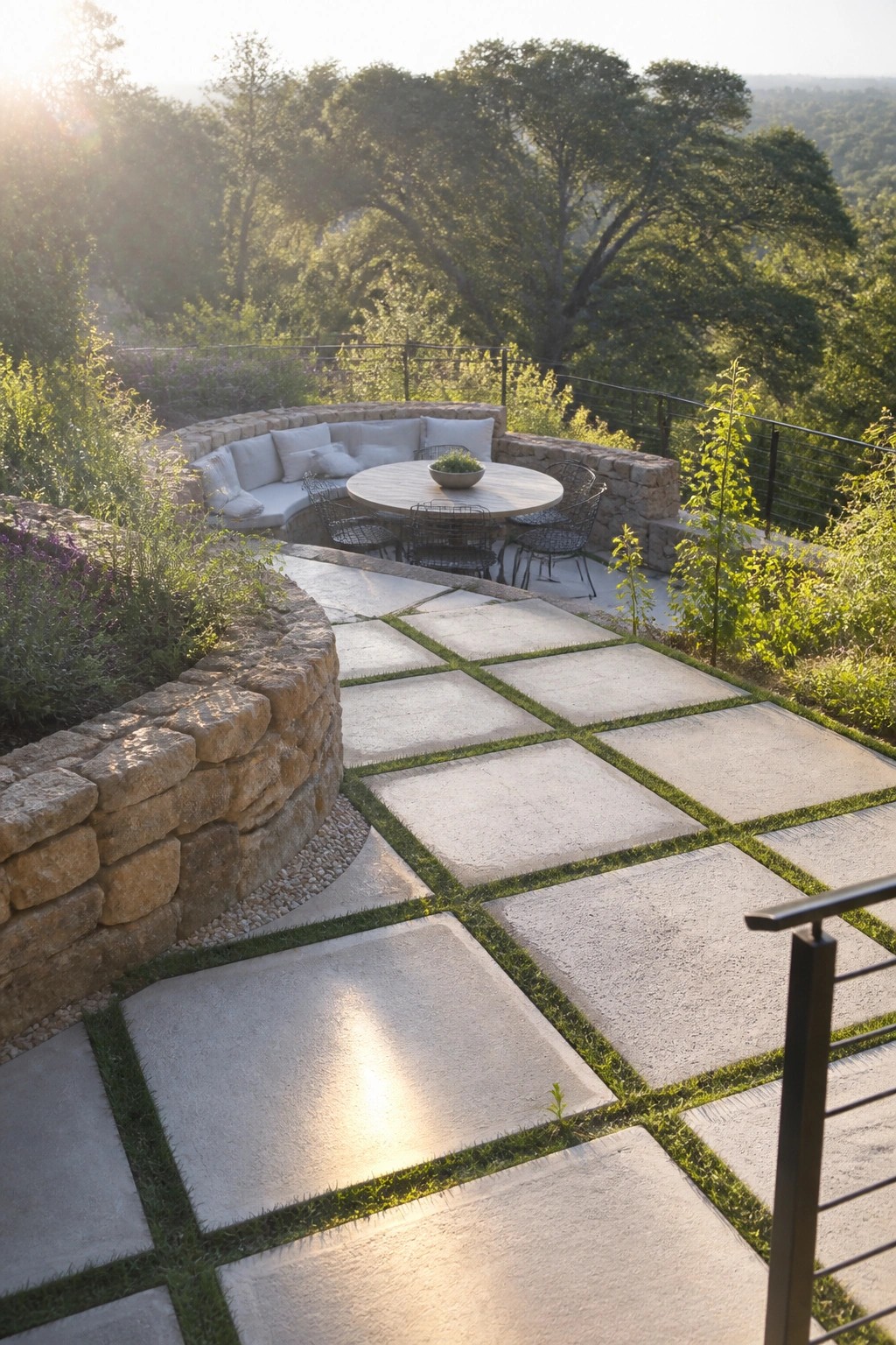 A curved stone patio with large square pavers separated by narrow grass strips, a built-in stone bench with cushions, a round table and wire chairs, and a metal railing overlooking trees.