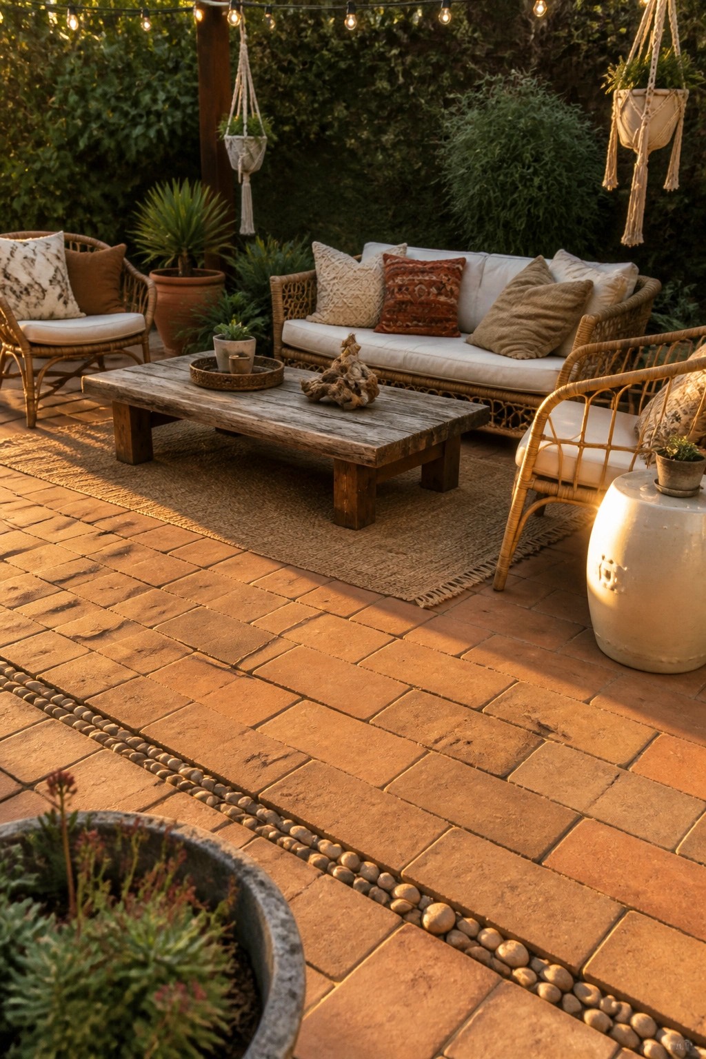 Outdoor patio with terracotta pavers and a border of small rounded stones separating sections, featuring rattan seating and hanging plants.