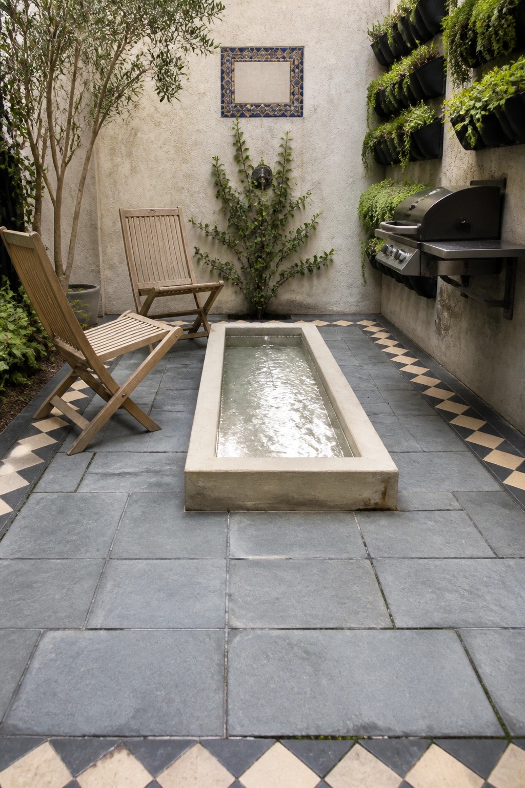 Stone-tiled courtyard with rectangular pool, wooden chairs, fountain, and vertical garden.
