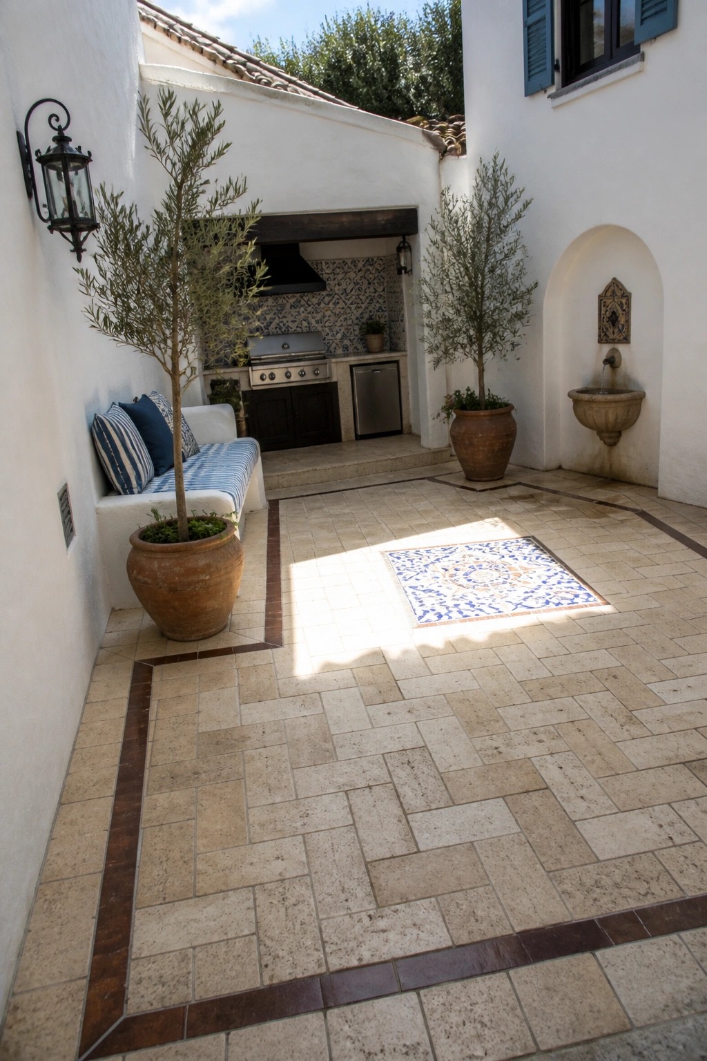 A light-colored paver patio with darker tile borders framing the space and a central decorative tile inset.