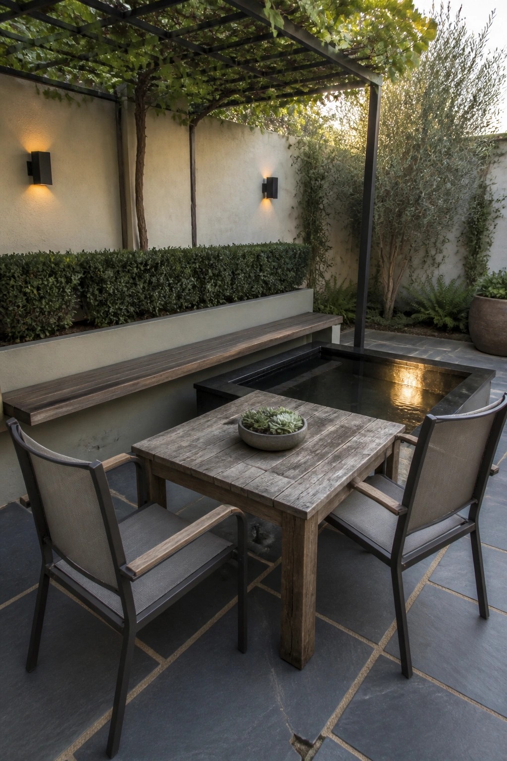 A compact wooden dining table with two mesh chairs sits on a stone patio beside a rectangular water feature, with a long built-in wooden bench along the back wall under a pergola.