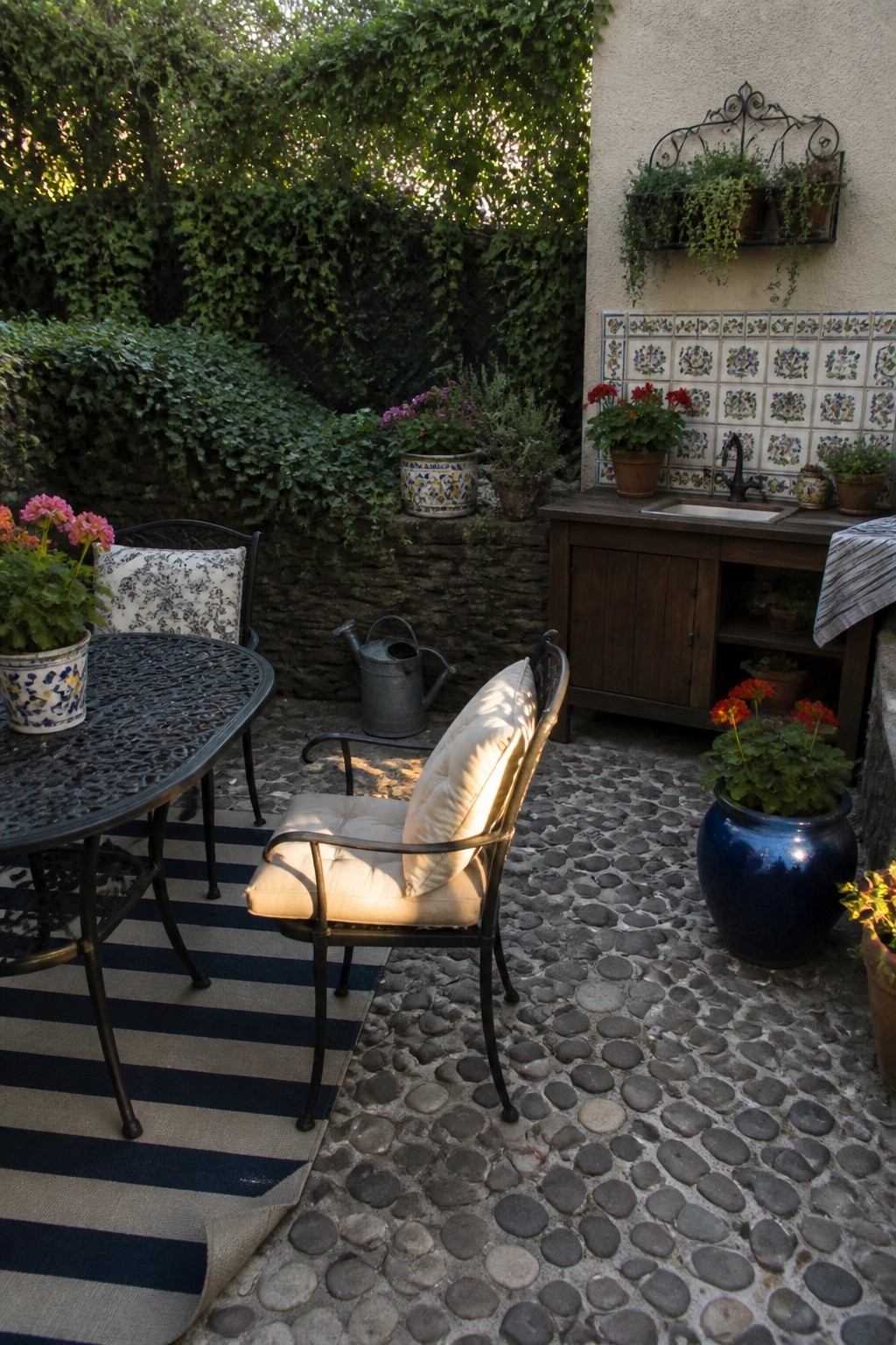 A compact patio dining set with a round metal table and two cushioned chairs placed on a striped rug, next to potted plants and a wooden sink area against a stucco wall.