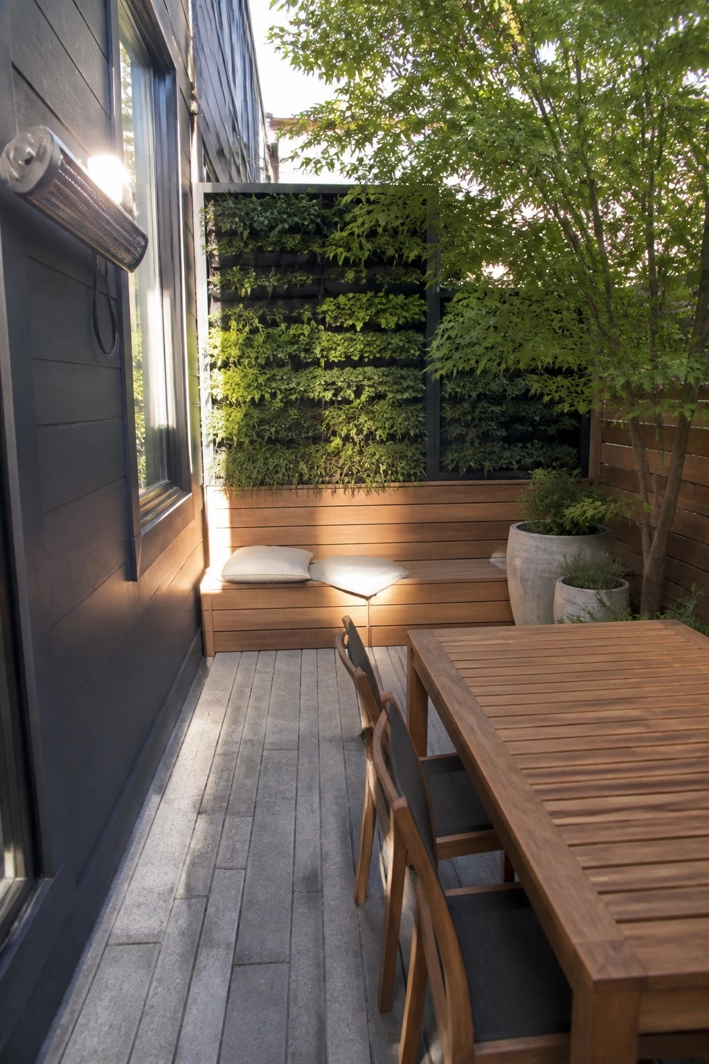 A narrow outdoor patio features a wooden dining table with chairs, a built-in bench with cushions, and a tall vertical garden wall filled with green plants.
