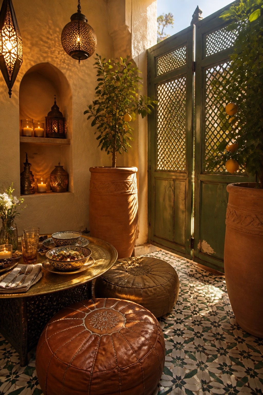 An outdoor patio with a low round brass table, brown leather poufs, patterned tile floor, potted lemon trees, and green lattice doors.