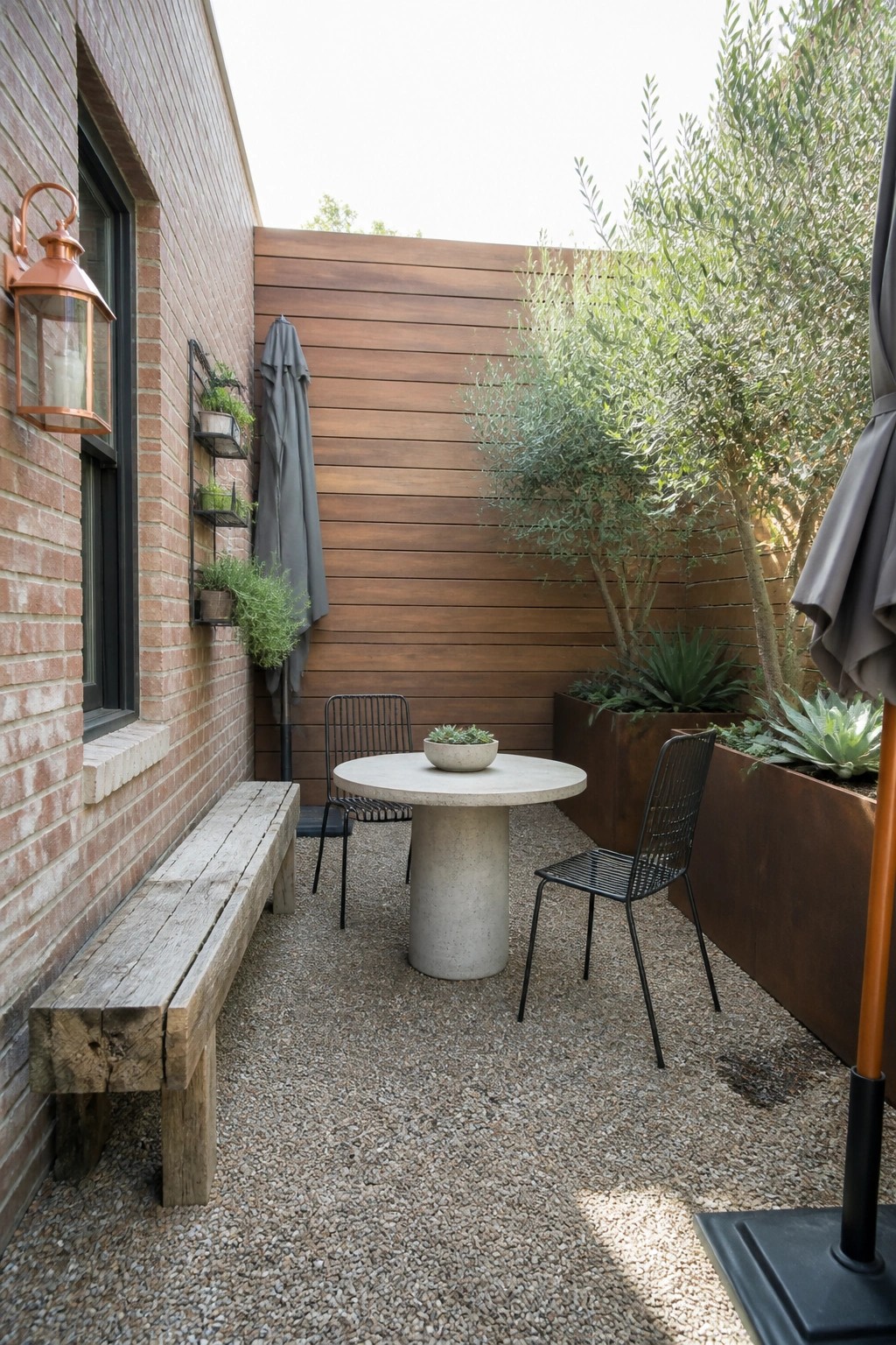 A small gravel patio holds a round concrete dining table with two black wire chairs, set between a brick wall and large wooden planters.