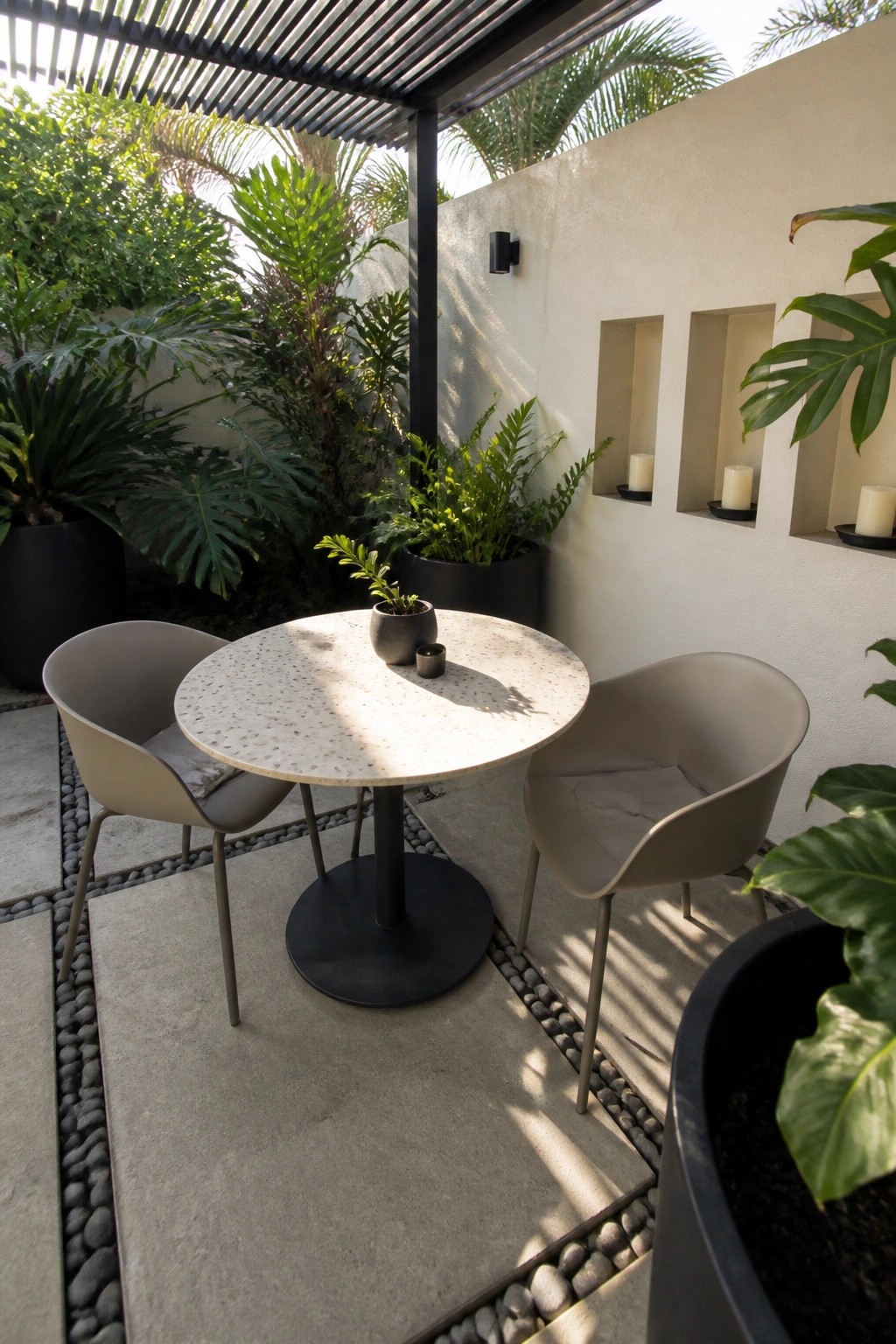 A small round terrazzo table with two beige chairs sits on a concrete patio bordered by pebbles, next to a stucco wall with built-in candle niches and large potted plants.