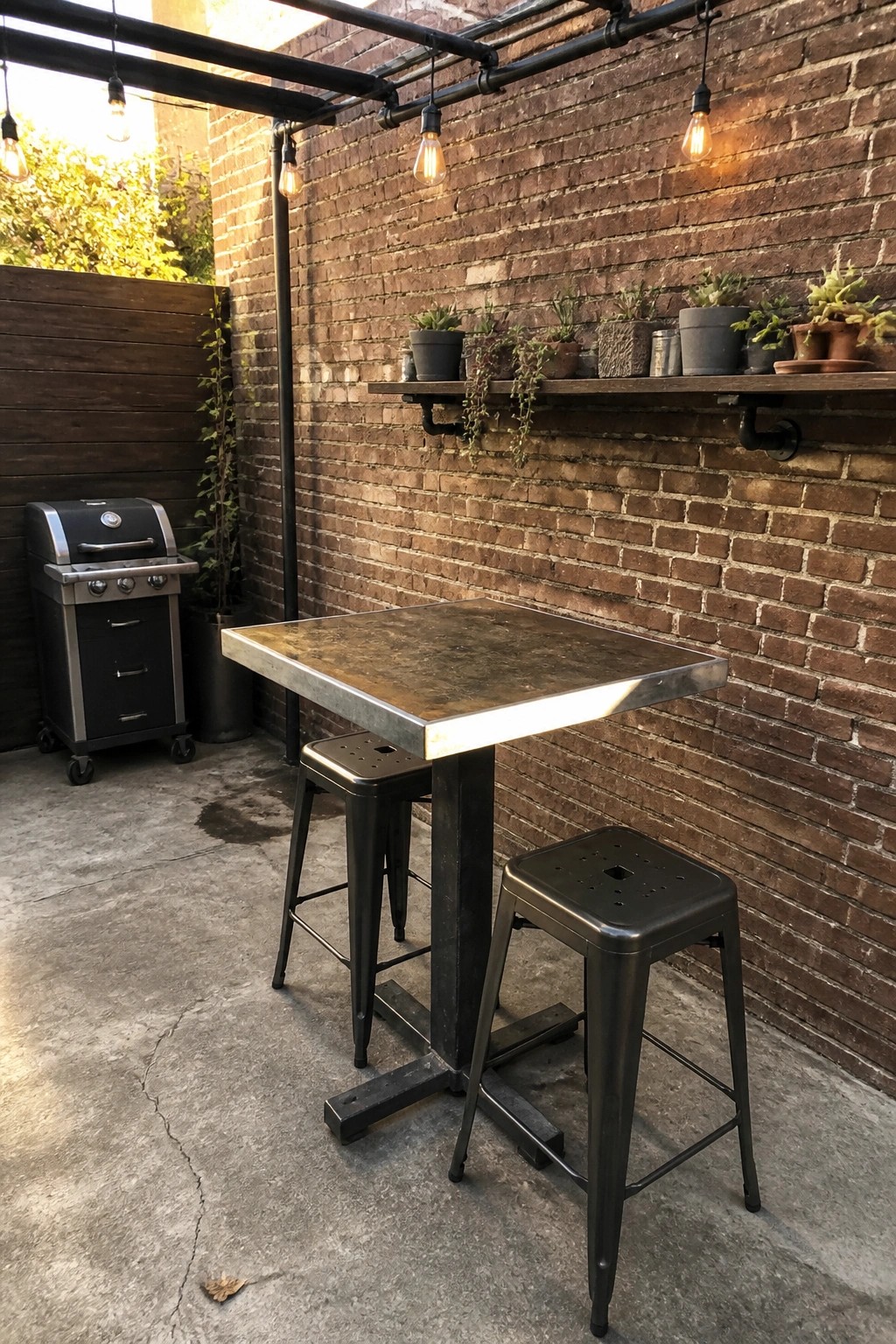 A square metal table with two black metal stools on a concrete patio next to a brick wall with string lights and a wooden shelf holding potted plants.