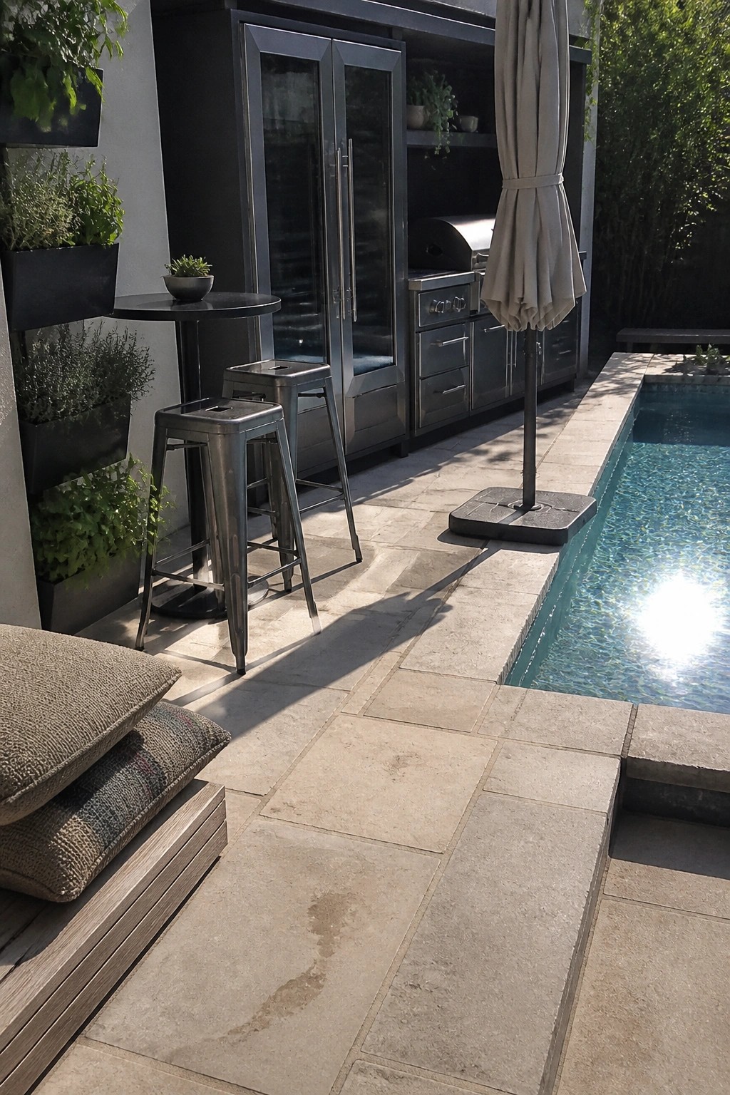 Modern outdoor kitchen with stainless steel appliances, stools, umbrella beside pool on stone patio