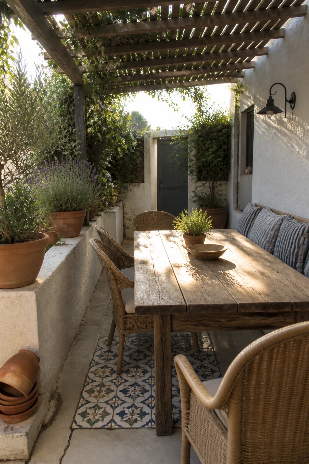 A wooden dining table with wicker chairs and a cushioned bench sits under a slatted pergola on a narrow tiled patio lined with potted plants.
