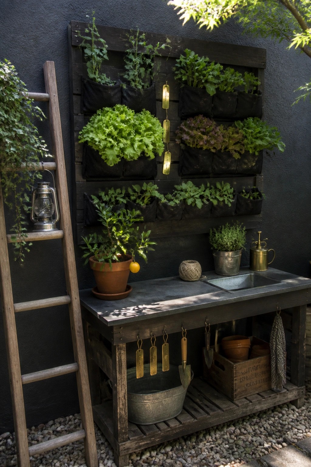 Vertical garden with leafy plants on dark wall above rustic wooden potting bench and ladder