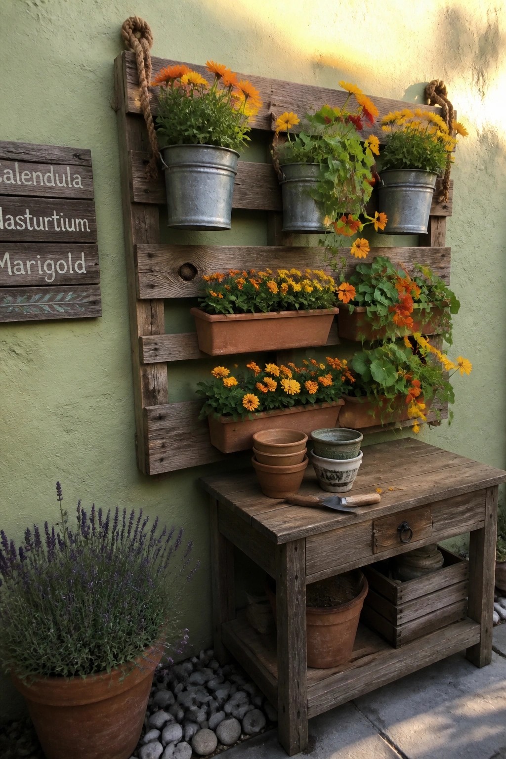 A wooden pallet mounted on a green wall displays potted plants with orange and yellow flowers in metal buckets and terracotta containers, next to a wooden table with stacked pots.