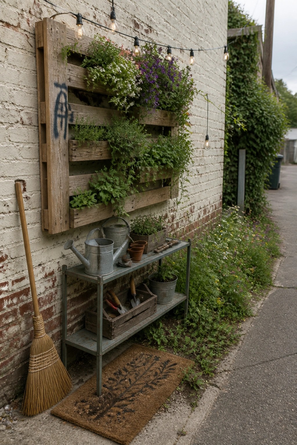 Vertical pallet garden with flowers on brick wall above metal shelves with tools and broom