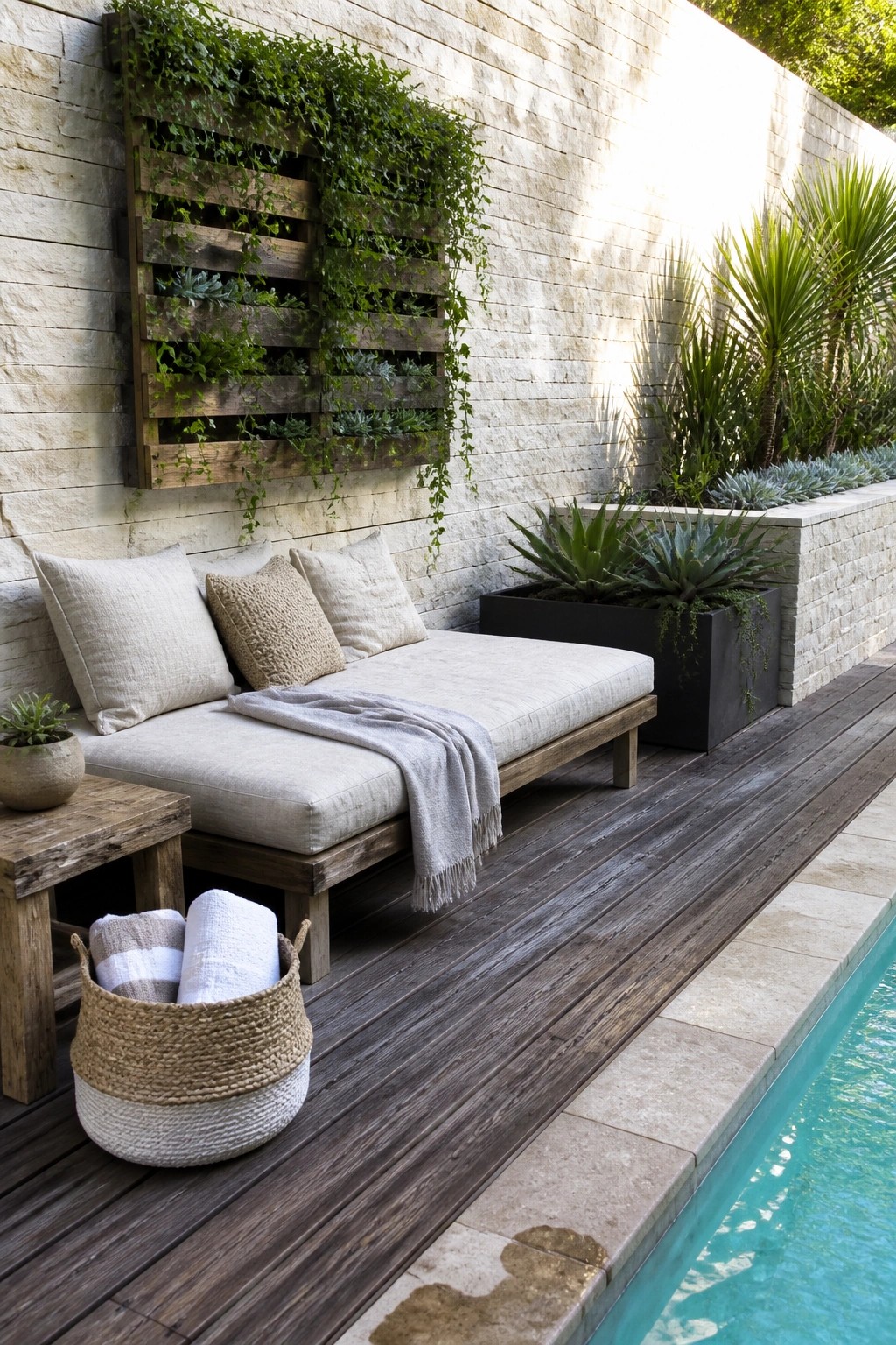 A wooden pallet planter filled with green plants mounted on a light stone wall next to an outdoor lounge chair on a dark wood deck by a pool.