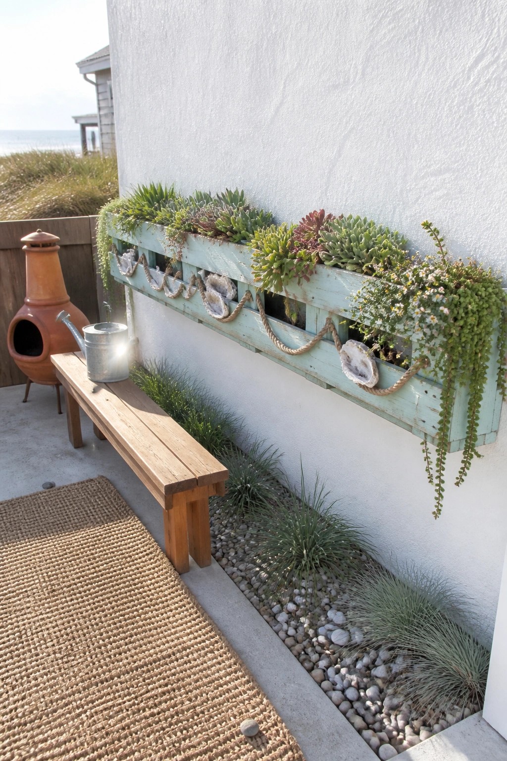 Outdoor patio with wooden bench, watering can, turquoise succulent planter, and chiminea by the sea