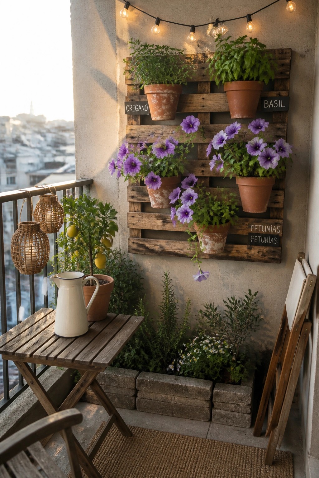 A wooden pallet mounted on a balcony wall holds terracotta pots of herbs and purple flowers with string lights strung above.