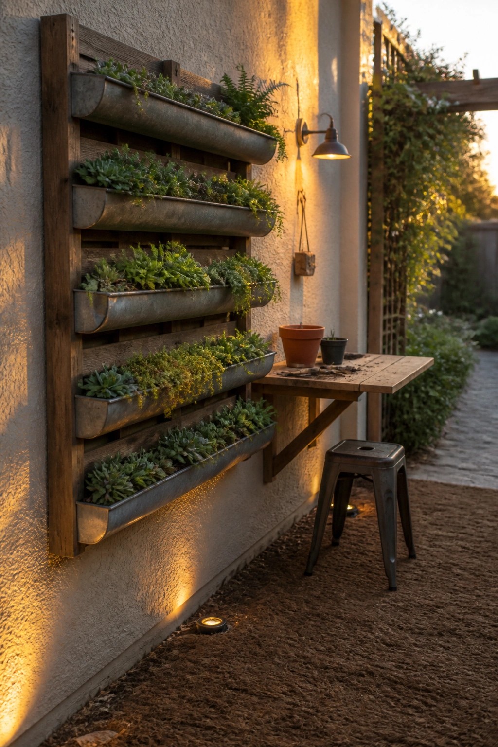 Vertical succulent planter on wall beside wooden table, metal stool, and lit lamp at dusk