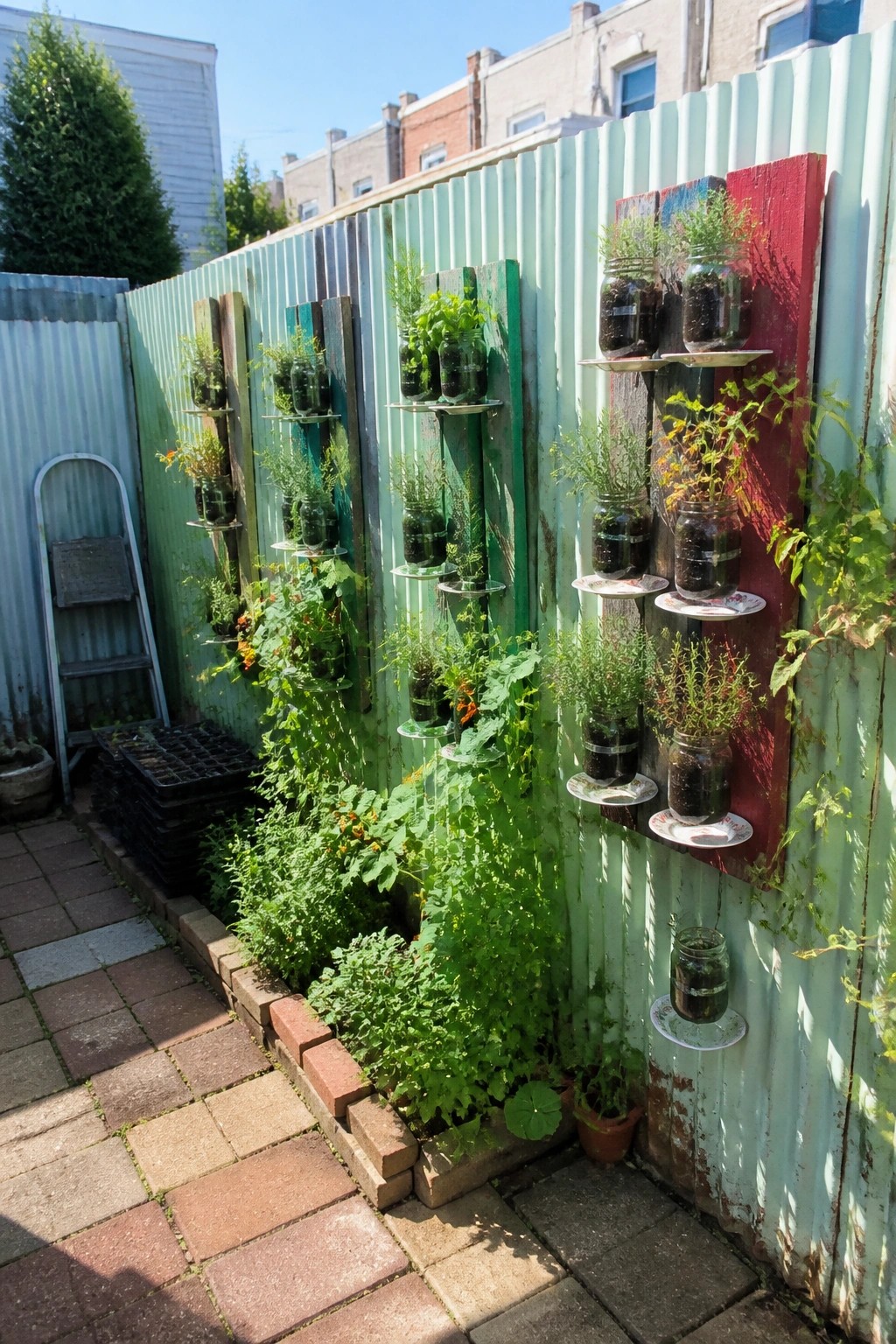 A corrugated green metal fence lined with vertical wooden boards holding multiple mason jars planted with herbs and flowers above a brick path.