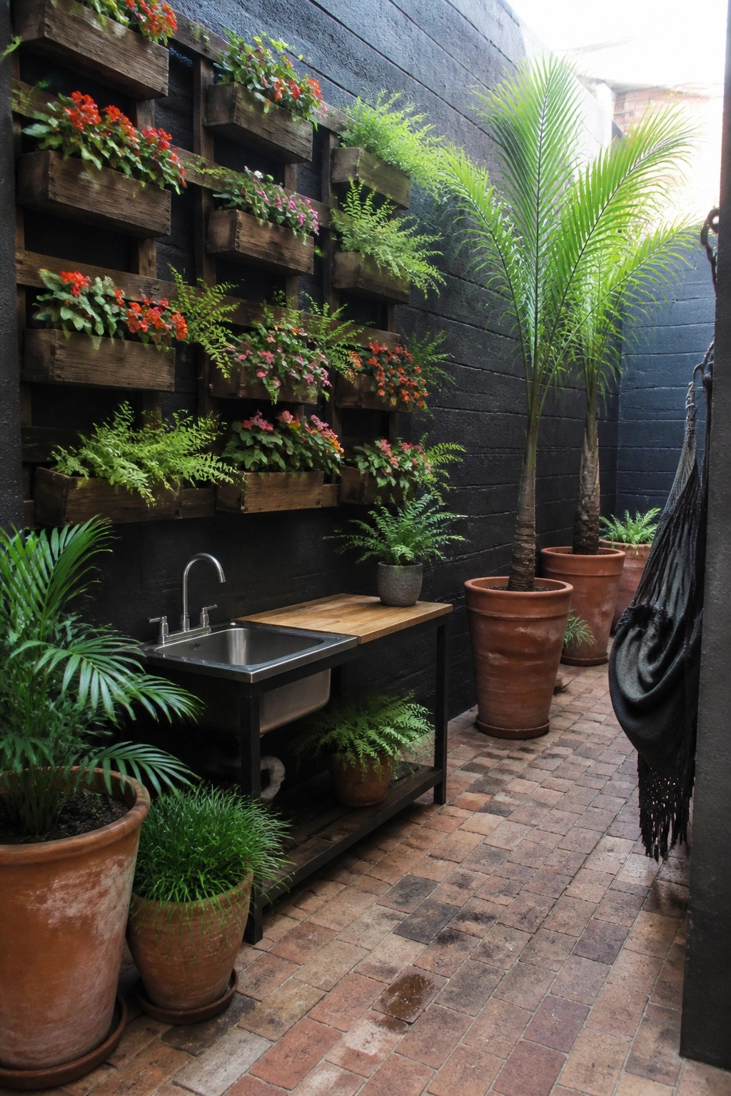 A dark outdoor wall lined with multiple wooden pallet planters holding red, pink, and green plants, next to a metal sink station and large terracotta pots on a brick floor.