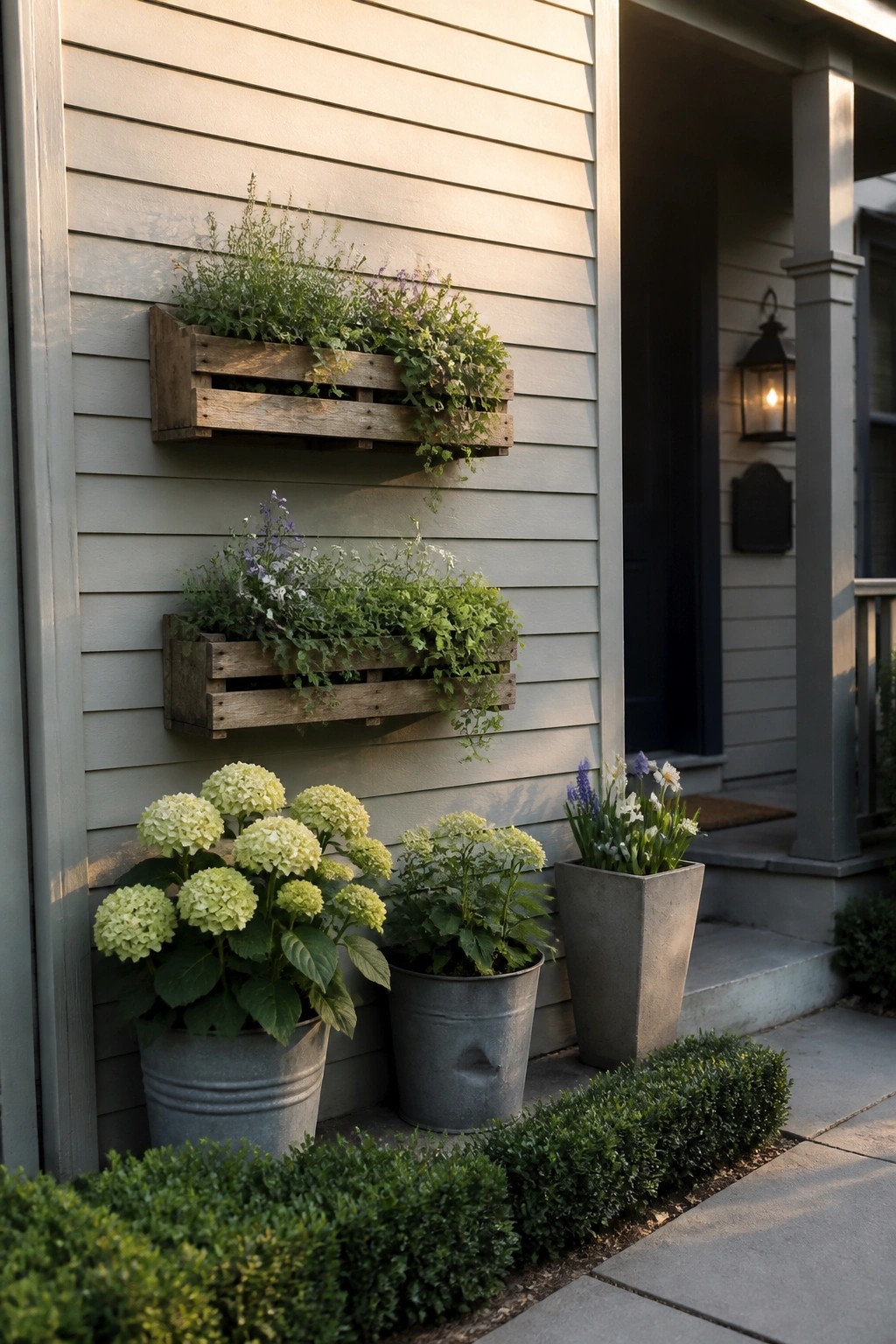 Wooden pallet planters mounted on gray house siding with green plants growing inside and potted flowers at the base.