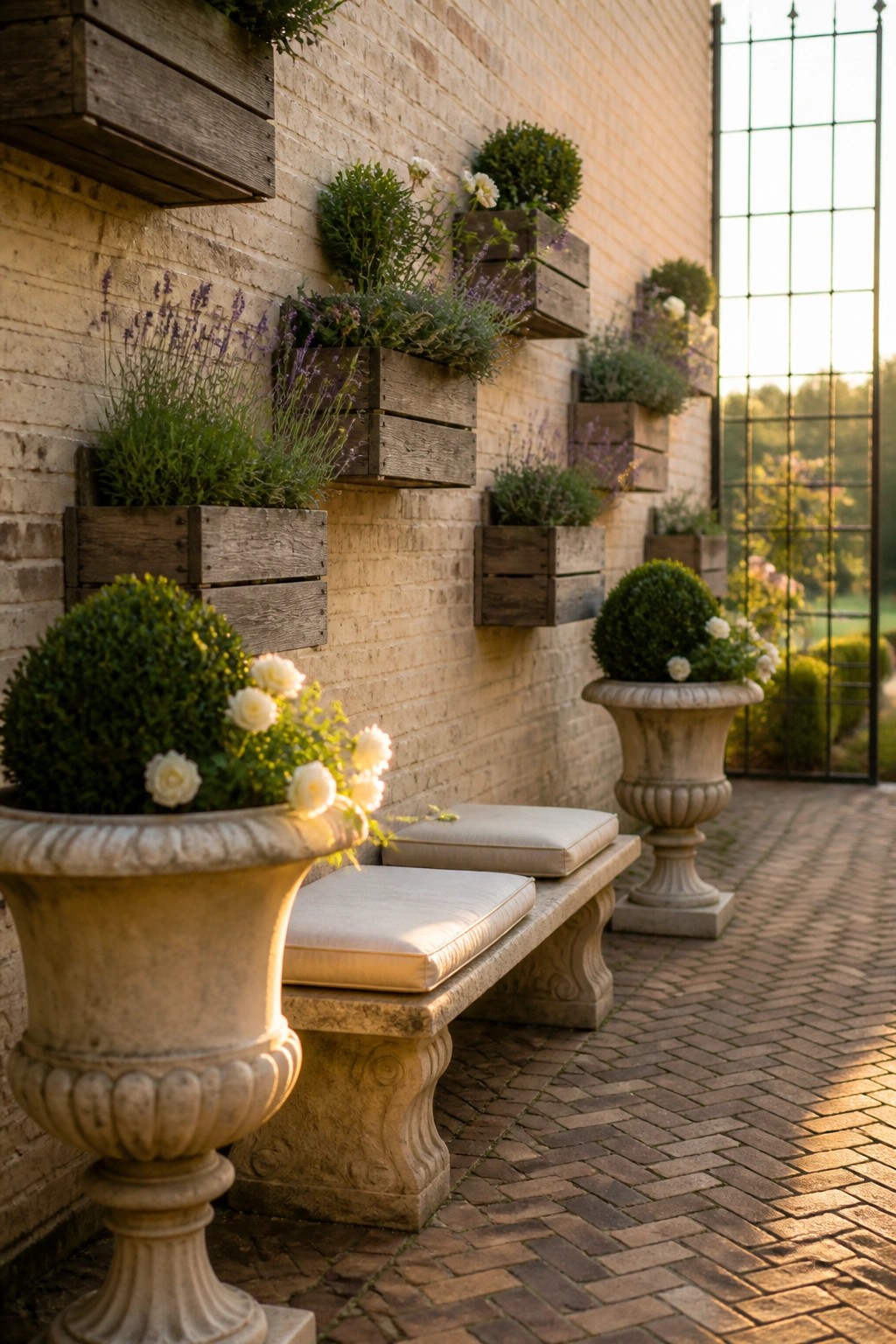 A brick wall lined with wooden pallet planters mounted at staggered heights and filled with green shrubs and lavender, next to a stone bench on a paved patio.