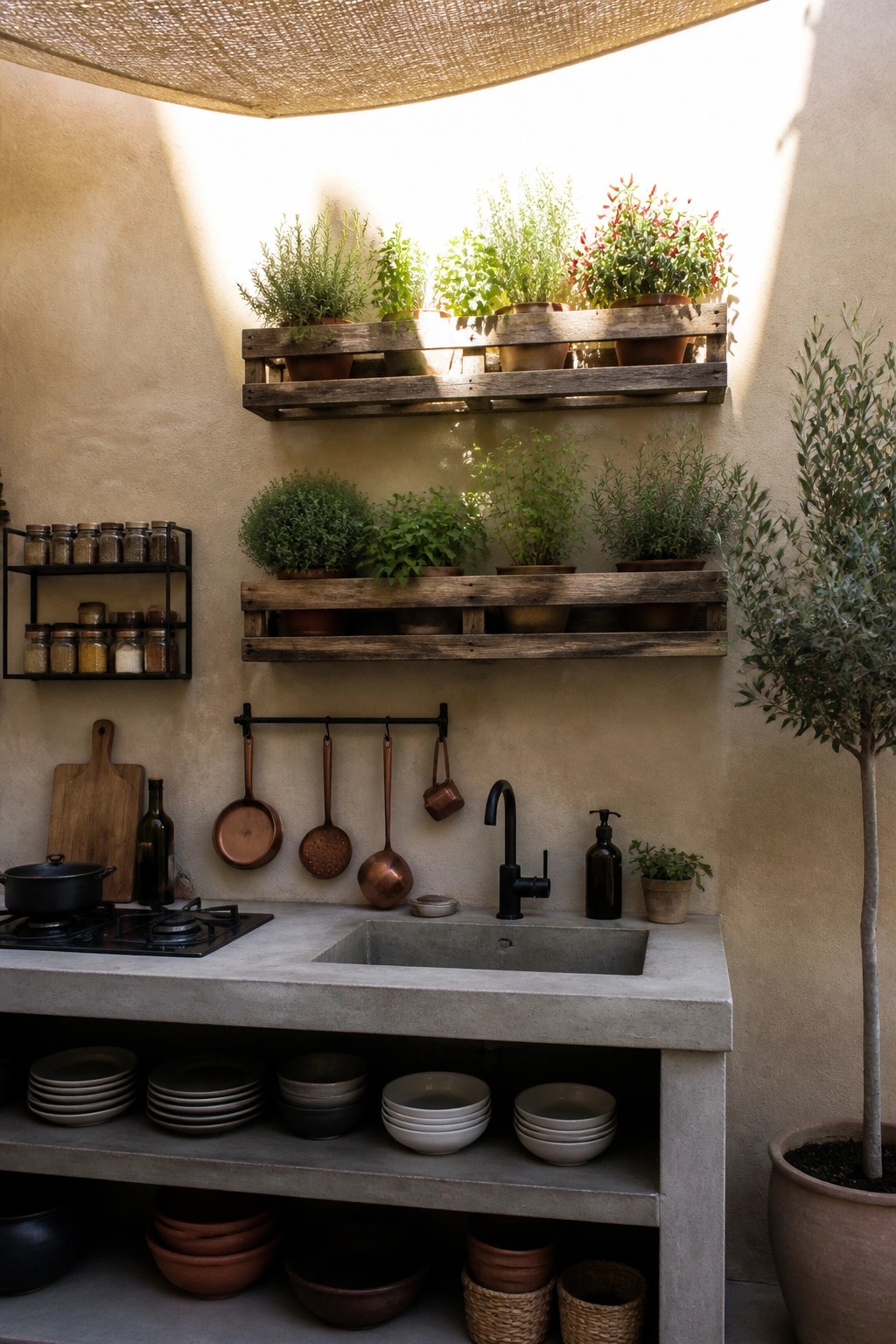 An outdoor concrete kitchen counter with a black sink, stove, and two wooden pallets mounted on the wall holding rows of potted herbs.