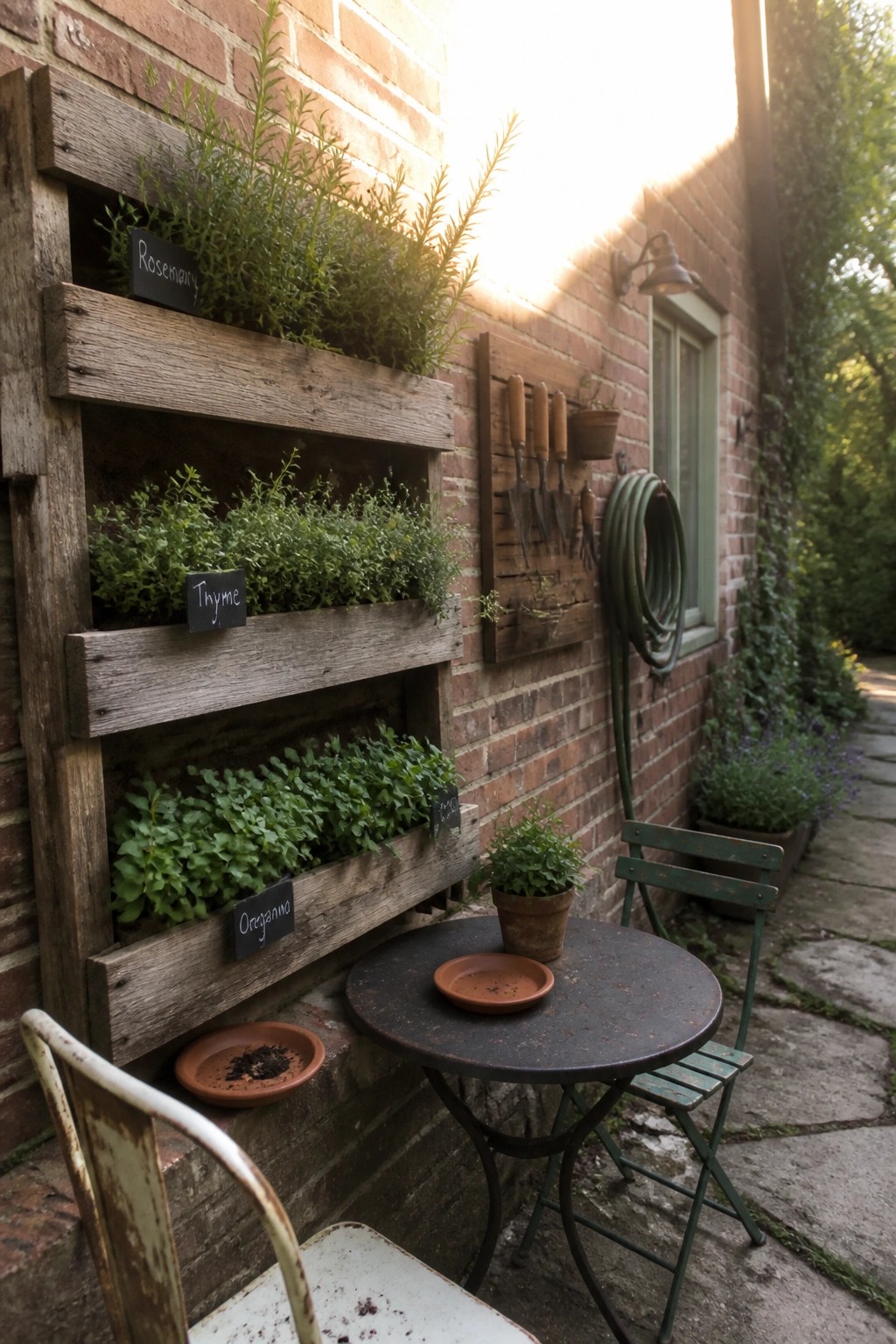 Rustic wooden herb planter on brick wall beside garden tools and patio table.
