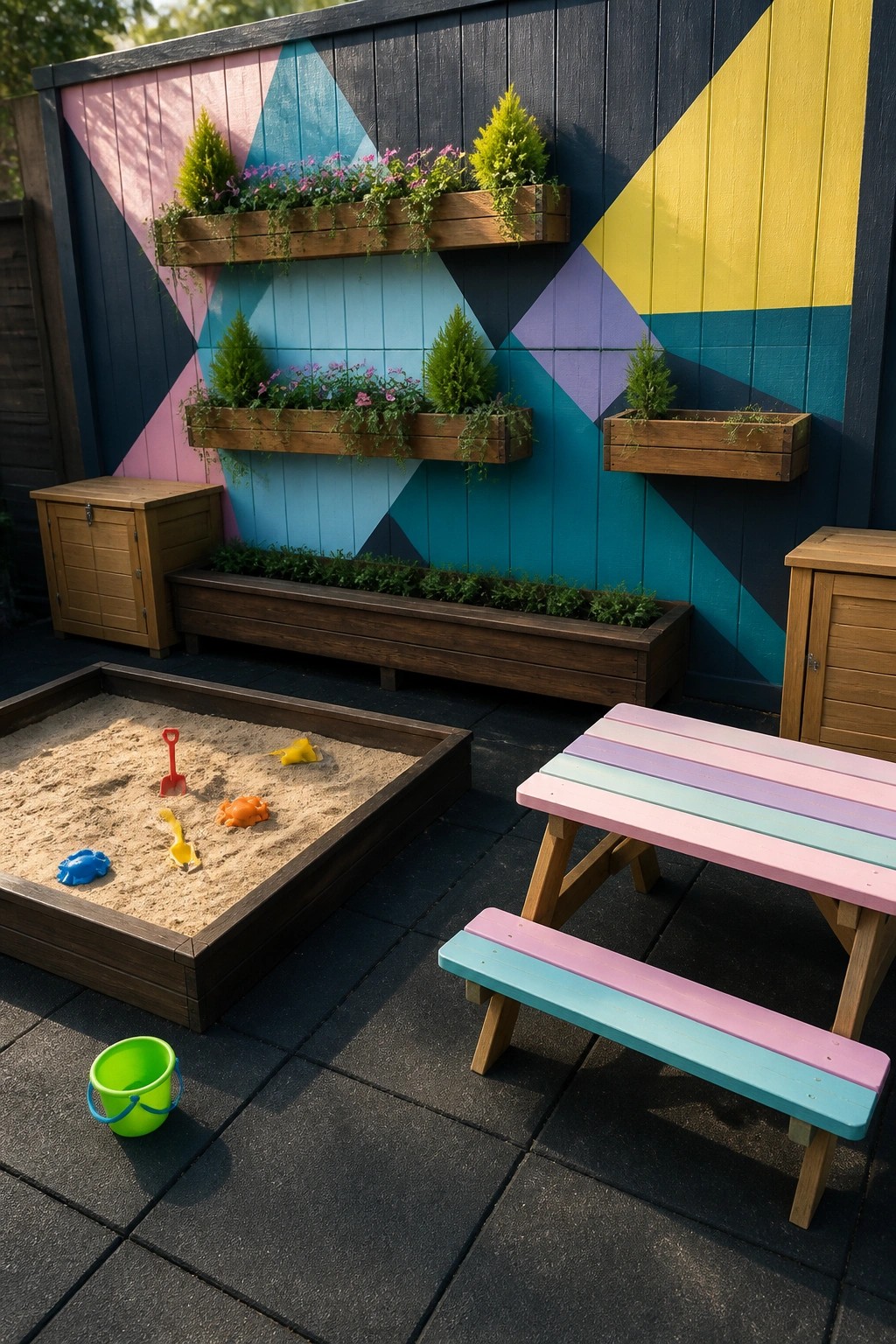 Outdoor patio with a geometrically painted wall holding multiple wooden wall-mounted planters filled with small shrubs and flowers, plus a sandbox and picnic table nearby.