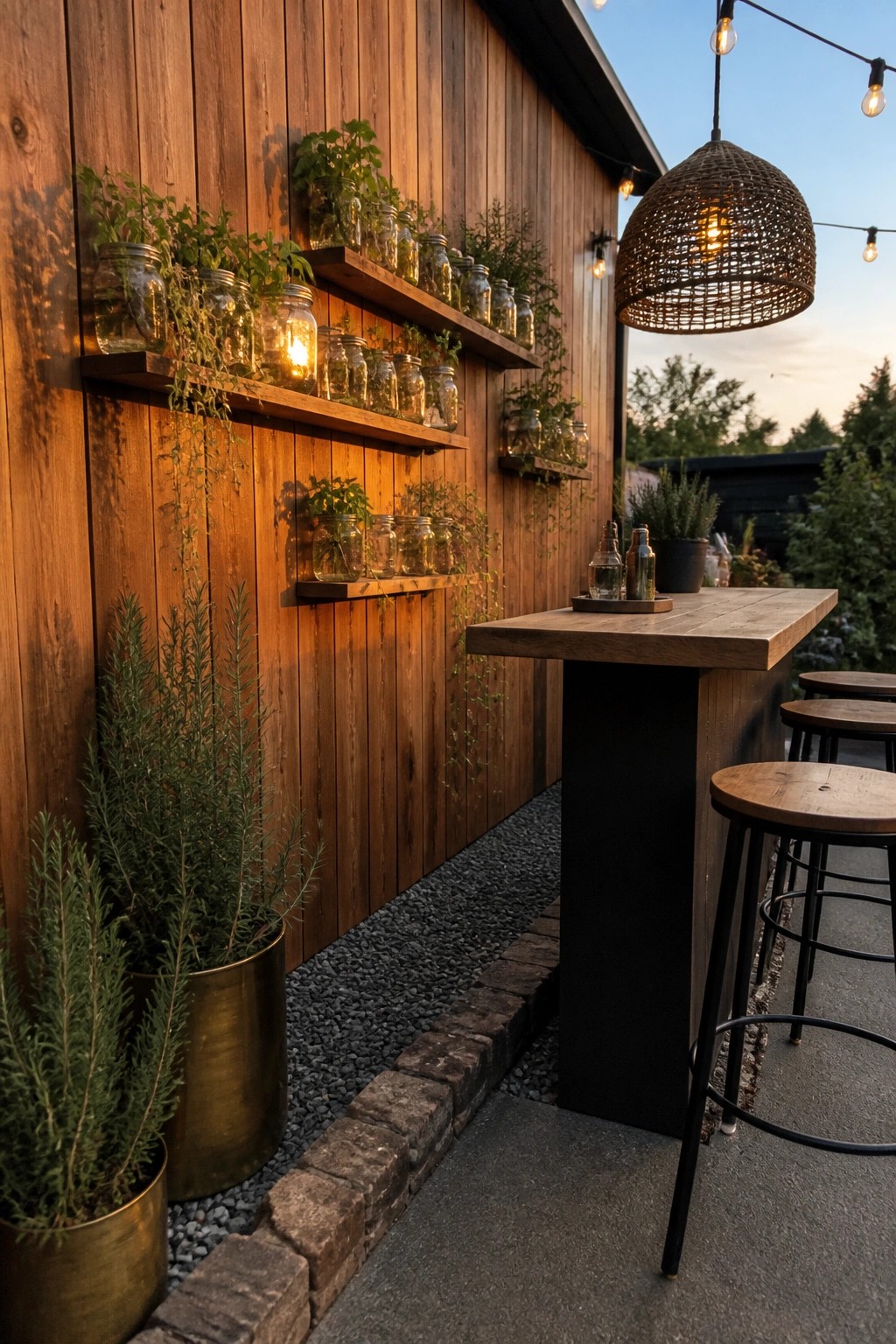 Rustic outdoor bar with glowing plant jars on wooden shelves and woven pendant light