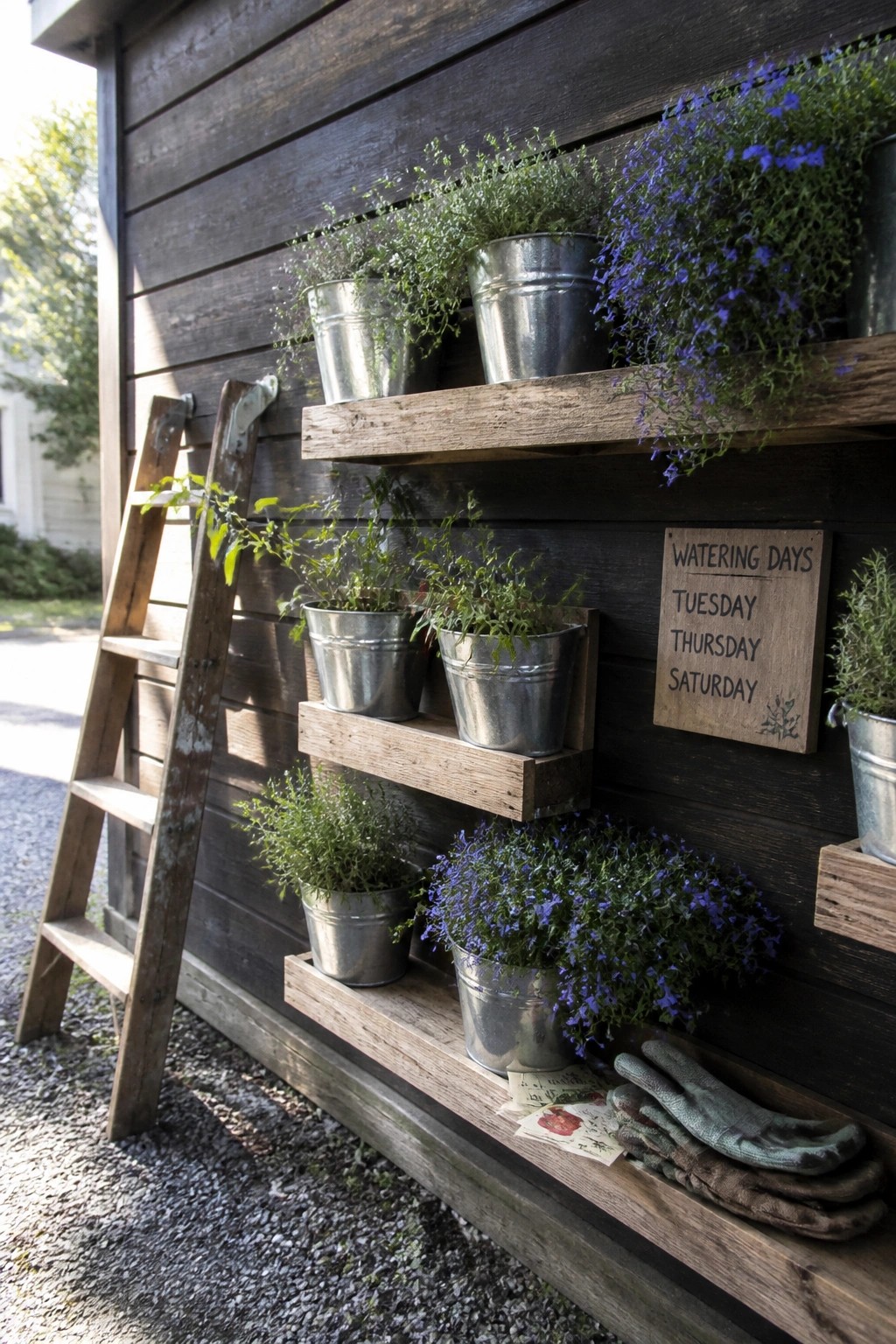Wooden shelves mounted on a dark exterior wall hold multiple metal buckets filled with green and purple flowering plants, with a wooden ladder leaning nearby and gardening gloves on the bottom shelf.
